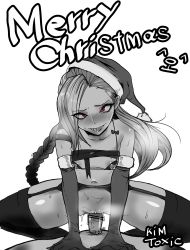 Rule 34 | 1boy, artist name, bar censor, blush, braid, breasts, censored, commentary request, cowgirl position, cum, cum in pussy, elbow gloves, feet out of frame, gloves, grey background, hat, highres, jinx (league of legends), kimtoxic, league of legends, long hair, merry christmas, nipples, penis, pussy, red eyes, santa hat, sex, shiny skin, simple background, small breasts, spot color, straddling, sweat, thighhighs, tongue, tongue out