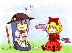 Rule 34 | 2girls, :d, bad id, bad pixiv id, blonde hair, blue eyes, blue hair, bow, cup, dress, female focus, food, fruit, gradient background, grass, hair ornament, hat, hinanawi tenshi, medicine melancholy, multiple girls, nature, open mouth, outdoors, pasu, peach, plant, sky, smile, sword, teardrop, touhou, weapon, white background