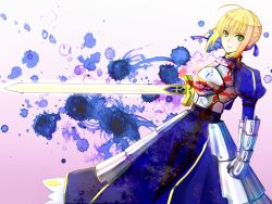 Rule 34 | 1girl, ahoge, armor, armored dress, artoria pendragon (all), artoria pendragon (fate), bad id, bad pixiv id, blonde hair, command spell, dress, excalibur (fate/stay night), fate/zero, fate (series), gauntlets, green eyes, hair ribbon, hoshiume, ribbon, saber (fate), solo, sword, weapon