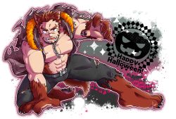 Rule 34 | 1boy, abs, akashi (live a hero), alternate costume, alternate eye color, alternate hair color, animal collar, animal ears, animal hands, bara, bare arms, bare pectorals, blush, body fur, bulge, claw pose, collar, embarrassed, facial hair, fangs, frown, fujishima kazuya, full body, goatee, gradient hair, halloween, halloween costume, happy halloween, kemonomimi mode, live a hero, long sideburns, male focus, multicolored hair, muscular, muscular male, no nipples, on one knee, orange eyes, pectorals, scar, scar on face, scar on nose, short hair, sideburns, solo, stomach, tail, teeth, thick eyebrows, thick thighs, thighs, wolf boy, wolf ears, wolf tail