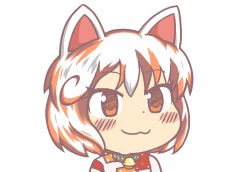Rule 34 | 1girl, :3, animal ears, bell, blush, brown eyes, brown hair, cat ears, commentary request, dot nose, goutokuji mike, gyate gyate, ikiyouz, multicolored hair, neck bell, orange hair, portrait, short hair, solo, touhou, transparent background, white background, white hair