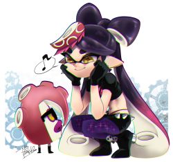 Rule 34 | + +, 1girl, ankle boots, black footwear, black gloves, black shorts, boots, callie (splatoon), chromatic aberration, closed mouth, crop top, earrings, eighth note, gloves, gradient hair, hair rings, hands on own cheeks, hands on own face, highres, inkling, isamu-ki (yuuki), jewelry, long hair, multicolored hair, musical note, nintendo, object on head, octotrooper, panties, pantyhose, pantyhose under shorts, pink hair, pink panties, pointy ears, purple hair, purple pantyhose, shorts, signature, skull, smile, speech bubble, splatoon (series), splatoon 2, spoilers, spoken musical note, squatting, suction cups, sunglasses, symbol-shaped pupils, tentacle hair, thong, two-tone hair, underwear, very long hair, yellow eyes