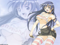 Rule 34 | 1girl, blue hair, breasts, collar, eyebrows, fang, fingerless gloves, gloves, long hair, navel, open mouth, solo, striped clothes, striped thighhighs, tagme, teeth, text focus, thighhighs, watermark, web address, zoom layer