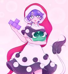 Rule 34 | 1990s (style), 1girl, black dress, blush, commission, doremy sweet, dreamysuite, dress, earrings, eyes visible through hair, hair between eyes, hands up, hat, highres, jewelry, looking at viewer, open mouth, pink background, pom pom (clothes), purple eyes, purple hair, puyo (puyopuyo), puyopuyo, puyopuyo tetris, red hat, retro artstyle, short hair, simple background, smile, solo, standing, tail, tetris, touhou, white dress