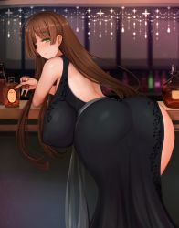 Rule 34 | 1girl, ahoge, alcohol, backless dress, backless outfit, bar (place), bare shoulders, bent over, black dress, breasts, brown hair, covered erect nipples, curvy, dress, from behind, green eyes, hanging breasts, highres, huge ahoge, huge breasts, light smile, liquor, long hair, looking at viewer, looking back, original, raised eyebrows, saruton, solo, wide hips
