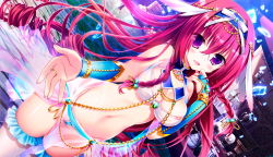 Rule 34 | 1girl, blush, braid, breasts, crystal, female focus, game cg, hairband, jewelry, large breasts, legs, long hair, looking at viewer, lots of jewelry, mayoeru futari to sekai no subete love heaven 300 percent, navel, open mouth, purple eyes, pussy, red hair, ring, see-through, smile, solo, standing, thighs, youta