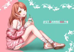 Rule 34 | 1girl, brown hair, clothes pull, cup, disposable cup, drink, drinking straw, floral background, highres, hojo karen, holding, holding cup, idolmaster, idolmaster cinderella girls, jacket, jacket pull, long hair, makeup, maou (demonlord), shoes, shorts, sitting, smile, sneakers, socks, solo, starbucks, tank top, thighs, white socks, white tank top, yellow eyes