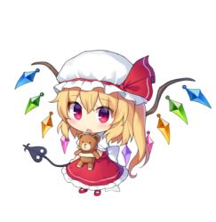 Rule 34 | 1girl, :o, blonde hair, blush, bow, chibi, flandre scarlet, frills, full body, hair between eyes, hat, hat bow, holding, laevatein, large bow, lowres, mob cap, no nose, red eyes, red footwear, short hair, short sleeves, side ponytail, simple background, skirt, skirt set, solo, stuffed animal, stuffed toy, teddy bear, touhou, transparent background, white background, wings, yada (xxxadaman)