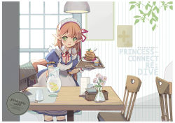 Rule 34 | 1girl, :d, alternate costume, apron, arisa (shadowverse), black thighhighs, blue dress, blush, brown hair, chair, commentary request, copyright name, dress, elf, enmaided, flower, food, fruit, green eyes, hair between eyes, holding, holding jug, holding tray, indoors, jug (bottle), lemon, lemon slice, long hair, looking at viewer, maid, maid apron, maid headdress, open mouth, pointy ears, princess connect!, puffy short sleeves, puffy sleeves, red ribbon, ribbon, shadowsinking, shadowverse, short sleeves, smile, solo, striped, table, thighhighs, tray, vase, vertical stripes, very long hair, water, white apron, white flower, window