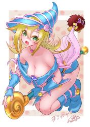 Rule 34 | 1girl, artist name, blonde hair, blue gloves, boots, dark magician girl, gloves, green eyes, highres, kuriboh, magical girl, magician, magician&#039;s hat, open mouth, signature, solo, staff, wand, white background, yu-gi-oh!