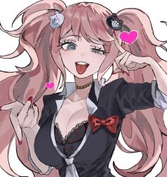Rule 34 | 1girl, :d, :p, bear hair ornament, black bra, black shirt, bow, bra, breasts, cleavage, danganronpa: trigger happy havoc, danganronpa (series), enoshima junko, gold choker, green eyes, grey necktie, hair ornament, half-closed eye, hands up, heart, highres, inu totemo, lace, lace-trimmed bra, lace trim, large breasts, light brown hair, long hair, necktie, open mouth, polka dot, polka dot bra, red bow, red eyes, shirt, simple background, smile, teeth, tongue, tongue out, twintails, two-tone eyes, underwear, upper body, upper teeth only, white background