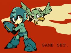 Rule 34 | 1boy, android, arm cannon, armored boots, blue footwear, blue headwear, boots, character request, closed mouth, commentary request, english text, full body, green eyes, hand on own arm, helmet, knee boots, light frown, looking at viewer, male focus, mechanical bird, mega man (character), mega man (classic), mega man (series), red background, shaded face, simple background, smoke, teijiro, weapon