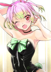 Rule 34 | 1girl, :o, ahoge, alternate costume, alternate hair length, alternate hairstyle, animal ears, black choker, black leotard, blush, bow, breasts, choker, commentary request, fake animal ears, fang, gradient hair, green bow, green hair, kajii supana, kantai collection, leather, leotard, looking at viewer, medium breasts, momo (kancolle), multicolored hair, one eye closed, one side up, open mouth, pink hair, playboy bunny, rabbit ears, rabbit tail, red eyes, simple background, solo, tail, upper body, zipper