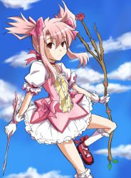 Rule 34 | 1girl, arrow (projectile), bobby socks, bow (weapon), bubble skirt, choker, cloud, cosplay, day, fate/stay night, fate (series), female focus, genderswap, genderswap (mtf), gloves, kaname madoka, kaname madoka (cosplay), long hair, looking at viewer, magical girl, mahou shoujo madoka magica, mahou shoujo madoka magica (anime), outdoors, pink hair, plant, red eyes, rimibure, shirouko, short twintails, sidelocks, skirt, sky, socks, solo, trait connection, twintails, weapon