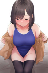 Rule 34 | 1girl, black hair, black thighhighs, blue one-piece swimsuit, breasts, brown eyes, commentary request, embarrassed, highleg, highleg swimsuit, large breasts, one-piece swimsuit, original, short hair, simple background, sitting, solo, swimsuit, terazip, thighhighs, thighs, white background