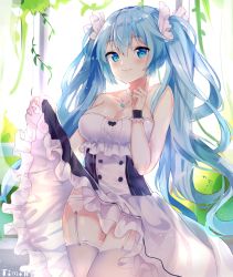 Rule 34 | 1girl, artist name, blue eyes, blue hair, blush, breasts, cleavage, clothes lift, cowboy shot, dress, garter straps, hatsune miku, highres, long hair, looking at viewer, medium breasts, panties, skirt, skirt lift, solo, strapless, strapless dress, thighhighs, timins, twintails, underwear, very long hair, vocaloid, white panties, white thighhighs, wrist cuffs