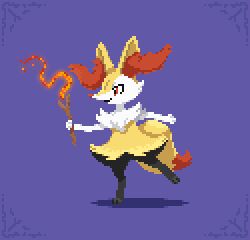 Rule 34 | 1girl, animal ear fluff, animal ears, animal feet, animal hands, animal nose, black fur, body fur, border, braixen, closed mouth, creatures (company), female focus, fire, flat chest, fox ears, fox girl, fox tail, full body, furry, furry female, game freak, gen 6 pokemon, happy, highres, holding, holding stick, leg up, looking to the side, multicolored fur, neck fur, nintendo, outstretched arm, pixel art, pokemon, pokemon (creature), purple background, purple border, red eyes, simple background, smile, snout, solo, standing, standing on one leg, stick, tail, white fur, wisgarus, yellow fur