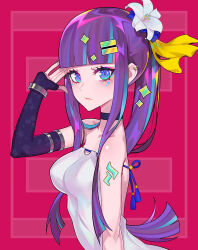 1girl arm_tattoo bare_shoulders blue_eyes bracelet breasts dress elbow_gloves flower gloves hair_flower hair_ornament hairclip jewelry large_breasts long_hair looking_at_viewer my_little_pony my_little_pony:_friendship_is_magic off-shoulder_dress off_shoulder personification ponytail purple_hair sleeveless sleeveless_dress starlight_glimmer tattoo xie-cn