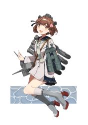 Rule 34 | 1girl, absurdres, adapted turret, anchor symbol, binoculars, black sailor collar, brown eyes, brown hair, cannon, cherry blossoms, dress, flower, full body, grey neckerchief, hair flower, hair ornament, headgear, headset, highres, kantai collection, looking at viewer, machinery, neckerchief, rin (yukameiko), rudder footwear, sailor collar, sailor dress, short hair, smile, solo, speaking tube headset, torpedo launcher, turret, yukikaze (kancolle), yukikaze kai ni (kancolle)
