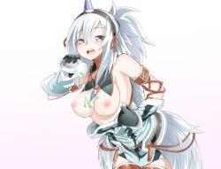 Rule 34 | 1girl, blue eyes, bottle, breasts, breasts out, fake horns, female focus, hairband, highres, horns, kirin (armor), monster hunter (series), nipples, niwaka potato, open mouth, ponytail, potion, simple background, solo, teeth, white background, white hair