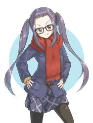 Rule 34 | 1girl, :q, black-framed eyewear, black pantyhose, black skirt, blue coat, blush, brown eyes, closed mouth, coat, glasses, hands on own hips, highres, long hair, long sleeves, looking at viewer, mikuru ism, oogaki chiaki, pantyhose, plaid, plaid skirt, purple hair, red scarf, scarf, skirt, smile, solo, standing, tongue, tongue out, twintails, v-shaped eyebrows, very long hair, yurucamp