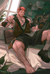 Rule 34 | 1boy, armband, armpits, bara, beard, bed, belt, biceps, book, chest hair, cup, day, facial hair, final fantasy, final fantasy xiv, gloves, hairy, highres, horns, house, jacket, jewelry, large pectorals, leg hair, light, looking at viewer, lying, male focus, manly, muscular, muscular male, necklace, original, paper, pectoral cleavage, pectorals, pillow, plant, red eyes, red hair, serious, shoes, unworn shoes, shorts, sideburns, sidepec, socks, solo, spread legs, stuffed animal, stuffed toy, tengo (maotengo), thick arms, thick thighs, thighs, warrior of light (ff14), window, yaoi