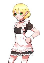 Rule 34 | 1girl, alternate costume, apron, black choker, black dress, blonde hair, blush, breasts, choker, cleavage, commentary, dress, enmaided, eyelashes, feet out of frame, frilled apron, frilled choker, frilled dress, frills, green eyes, looking at viewer, maid, maid apron, medium bangs, mizuhashi parsee, open mouth, over-kneehighs, pointy ears, short hair, short sleeves, simple background, small breasts, solo, teeth, thighhighs, touhou, upper teeth only, white apron, white background, white thighhighs, wrist cuffs, yokozuna iwashi