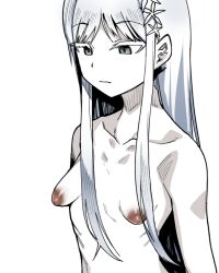 Rule 34 | 1girl, black eyes, blue archive, breasts, closed mouth, dark nipples, grey hair, hair ornament, inverted nipples, kaauchi, long hair, nagusa (blue archive), nipples, pale skin, sidelocks, simple background, small breasts, solo, upper body, white background