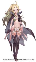 Rule 34 | 1girl, belt, cape, company connection, copyright name, fire emblem, fire emblem awakening, fire emblem heroes, full body, gloves, green hair, jewelry, lack, midriff, navel, nintendo, nowi (fire emblem), official art, open mouth, pink thighhighs, pointy ears, ponytail, purple eyes, shorts, simple background, smile, solo, standing, thighhighs, tiara, white background