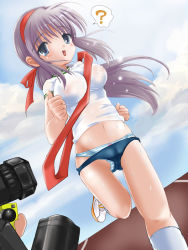 Rule 34 | 1girl, ?, breasts, camera, clueless, gym uniform, long hair, medium breasts, natsume fumika, panties, running, see-through, solo, striped clothes, striped panties, sweat, underwear, wardrobe malfunction