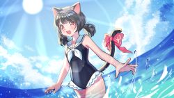 Rule 34 | 1girl, :d, animal ears, bad id, bad pixiv id, bare arms, bare shoulders, black hair, black one-piece swimsuit, blue sky, blush, bow, casual one-piece swimsuit, cat ears, cat girl, cat tail, cloud, commentary request, cowboy shot, day, horizon, looking at viewer, low twintails, mechuragi, neckerchief, ocean, one-piece swimsuit, open mouth, original, outdoors, pink bow, red eyes, sailor collar, short twintails, sky, smile, solo, standing, summer, sun, sunlight, swimsuit, tail, tail bow, tail ornament, tail raised, teeth, twintails, upper teeth only, water, white neckerchief, white sailor collar