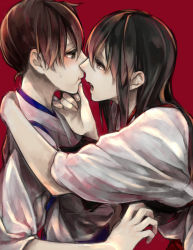 Rule 34 | 10s, 2girls, :t, akagi (kancolle), brown eyes, brown hair, eye contact, grabbing another&#039;s chin, hand on another&#039;s chin, highres, hug, imminent kiss, japanese clothes, kaga (kancolle), kantai collection, lips, long hair, looking at another, multiple girls, open mouth, pout, red background, shuu-0208, side ponytail, simple background, sweatdrop, yuri