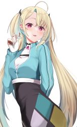 Rule 34 | 1girl, :3, absurdres, ahoge, avatar 2.0 project, blonde hair, blue hair, blue jacket, blue nails, blush, breasts, chikwa pie, cropped jacket, crossed bangs, dress, hair between eyes, hair ornament, highres, jacket, long hair, long sleeves, looking at viewer, medium breasts, minase shia, multicolored clothes, multicolored dress, multicolored hair, nail polish, open clothes, open jacket, parted bangs, parted lips, purple eyes, simple background, smile, solo, two-tone hair, two side up, very long hair, virtual youtuber, white background