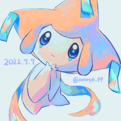 Rule 34 | amaya uw, blue eyes, closed mouth, creatures (company), dated, game freak, gen 3 pokemon, grey background, hands up, highres, jirachi, legendary pokemon, mythical pokemon, nintendo, no humans, own hands together, pokemon, pokemon (creature), smile, solo, symbol-only commentary, twitter username