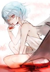 Rule 34 | 1girl, aqua hair, between legs, blood, hand between legs, hino mamori, looking at viewer, open mouth, red eyes, remilia scarlet, short hair, signature, sitting, solo, touhou, wings