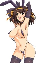 Rule 34 | 1girl, animal ears, armpits, arms up, breasts, brown eyes, brown hair, bunny ears gesture, cleavage, covered erect nipples, criss-cross halter, elbow gloves, fake animal ears, gloves, gluteal fold, groin, halterneck, haruhisky, highres, large breasts, looking at viewer, navel, open mouth, orange hair, partially visible vulva, rabbit ears, see-through, see-through legwear, short hair, smile, solo, standing, suzumiya haruhi, suzumiya haruhi no yuuutsu, teeth, thighhighs, tongue, upper teeth only