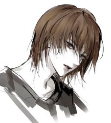 Rule 34 | 1boy, black shirt, brown eyes, brown hair, death note, evl 1230, expressionless, korean commentary, looking at viewer, male focus, parted lips, portrait, shirt, short hair, sideways glance, solo, white background, yagami light