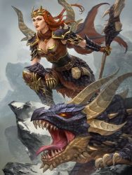 Rule 34 | 1girl, armor, breasts, claws, dragon, highres, holding, holding weapon, open mouth, simon eckert, tagme, teeth, weapon