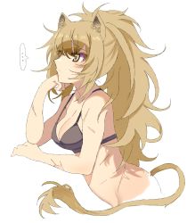 Rule 34 | ..., 1girl, absurdres, animal ears, arknights, bare arms, bare shoulders, black bra, blonde hair, bra, breasts, cleavage, closed mouth, colored eyelashes, commentary request, hand on own face, high ponytail, highres, lion ears, lion girl, lion tail, long hair, looking afar, pencilanon, pointy nose, scar, shadow, sidelocks, siege (arknights), simple background, solo, speech bubble, tail, underwear, unfinished, white background, yellow eyes