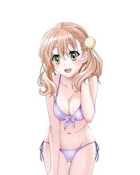 Rule 34 | 10s, 1girl, atelier (series), atelier escha &amp; logy, bikini, breasts, brown hair, cleavage, escha malier, female focus, green eyes, irohayu, looking at viewer, navel, open mouth, side-tie bikini bottom, simple background, solo, swimsuit, white background