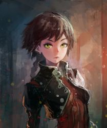 Rule 34 | 1girl, braid, breasts, brown hair, cropped jacket, highres, jacket, looking at viewer, nababa, original, short hair, sketch, small breasts, solo, upper body, yellow eyes