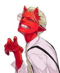 Rule 34 | 1boy, blonde hair, braid, claw pose, collared shirt, colored skin, demon boy, fingernails, glasses, highres, horns, long sleeves, looking at viewer, male focus, oni, oni horns, open mouth, original, pointy ears, red skin, round eyewear, sharp fingernails, sharp teeth, shirt, simple background, smile, solo, suspenders, teeth, teru by m, upper body, white background, white shirt