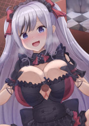 Rule 34 | 1girl, azur lane, black dress, black gloves, blush, breasts squeezed together, breasts, censored, checkered floor, cleavage, clothing cutout, cross, disembodied penis, dress, elbe (azur lane), elbe (time to show off?) (azur lane), frilled dress, frills, gloves, highres, inari jin, iron cross, large breasts, layered dress, light purple hair, long hair, looking at viewer, mosaic censoring, official alternate costume, open mouth, paizuri, paizuri under clothes, penis, purple eyes, short sleeves, silver hair, smile, underboob cutout, upper body, very long hair