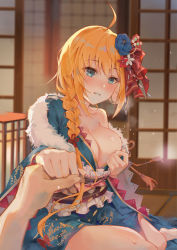Rule 34 | 1boy, 1girl, absurdres, ahoge, bare shoulders, blue eyes, blue kimono, blush, braid, breasts, cleavage, fang qiao, fur trim, highres, holding hands, japanese clothes, kimono, large breasts, long hair, long sleeves, looking at viewer, obi, orange hair, out of frame, pecorine (new year) (princess connect!), pecorine (princess connect!), princess connect!, sash, side braid, sitting, smile, thighs, wide sleeves