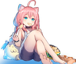 Rule 34 | 1girl, ahoge, animal ear fluff, animal ears, bag of chips, bare shoulders, barefoot, black choker, black shorts, cat ears, chips (food), choker, chopsticks, collarbone, commentary request, food, grey tank top, hinata channel, holding, holding chopsticks, long hair, low twintails, mouth hold, nekomiya hinata, pink hair, rk (rktorinegi), short shorts, shorts, side ponytail, sidelocks, sitting, solo, tank top, thighs, toenails, twintails, very long hair, virtual youtuber