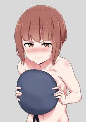 Rule 34 | 10s, 1girl, angry, aoi tiduru, bad id, bad twitter id, blush, brown eyes, brown hair, chizurusou (tiduru 39), collarbone, covering privates, covering chest, female focus, flat chest, grey background, hat, unworn hat, unworn headwear, highres, holding, holding clothes, holding hat, kantai collection, looking at viewer, navel, nude, short hair, simple background, solo, tears, topless frame, upper body, z3 max schultz (kancolle)