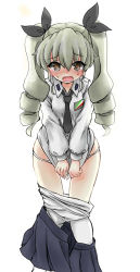 Rule 34 | 10s, 1girl, absurdres, anchovy (girls und panzer), black necktie, black skirt, blush, clothes pull, commentary, dress shirt, drill hair, embarrassed, emblem, frown, full-face blush, girls und panzer, green hair, highres, long hair, long sleeves, looking at viewer, loose necktie, miniskirt, necktie, open clothes, open mouth, open skirt, panties, panty pull, pantyhose, pantyhose pull, pleated skirt, red eyes, school uniform, shirt, shirt tug, simple background, skirt, skirt pull, solo, standing, sweatdrop, twin drills, twintails, underwear, wabiushi, white background, white panties, white pantyhose, white shirt