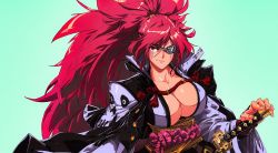 Rule 34 | 1girl, absurdres, baiken, big hair, breasts, commentary, david liu, english commentary, facial mark, guilty gear, highres, huge breasts, japanese clothes, katana, kimono, long hair, looking at viewer, obi, obijime, ponytail, red eyes, red hair, sash, sheath, sheathed, simple background, smile, solo, sword, upper body, very long hair, weapon, wide sleeves