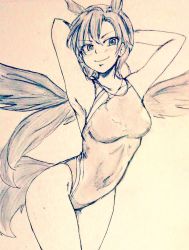 Rule 34 | 1girl, animal ears, arms behind head, breasts, closed mouth, commentary request, competition swimsuit, covered navel, cowboy shot, d-m (dii emu), eyelashes, feathered wings, greyscale, horse ears, horse girl, kurokoma saki, long hair, looking at viewer, medium breasts, monochrome, no headwear, one-piece swimsuit, pegasus wings, ponytail, smile, swimsuit, touhou, traditional media, wings