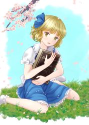 Rule 34 | 1girl, aged down, alice margatroid, alice margatroid (pc-98), back bow, blonde hair, blouse, blue bow, blue ribbon, blue skirt, blue sky, bobby socks, book, bow, cherry blossoms, day, feet out of frame, frilled skirt, frills, grass, grimoire of alice, hair bow, hair ornament, hair ribbon, highres, holding, holding book, kyabekko, open mouth, outdoors, ribbon, shirt, short hair, short sleeves, sitting, skirt, sky, socks, solo, suspenders, touhou, touhou (pc-98), wariza, white bow, white shirt, white socks, yellow eyes